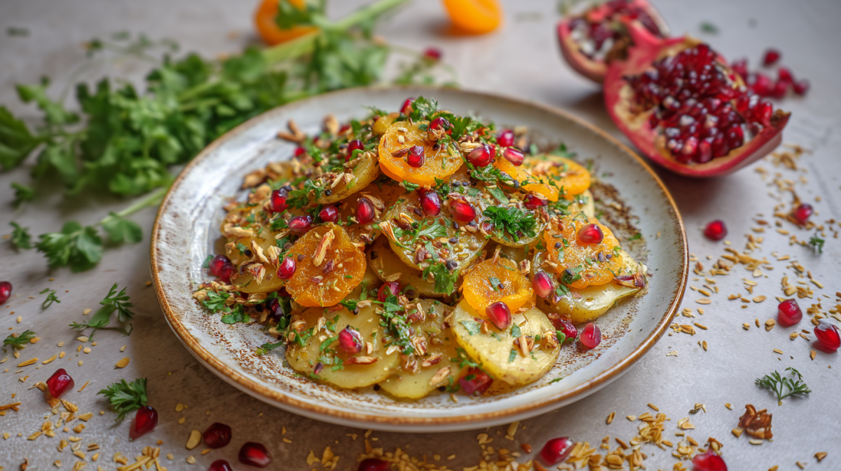 Ein Teller mit orientalischem Kartoffelsalat. Er ist mit Granatapfelkernen und kleingeschnittenen, getrockneten Aprikosen angerichtet. Rund um den Teller liegen Granatapfelkerne, Petersilie und kleingehackte Nüsse.