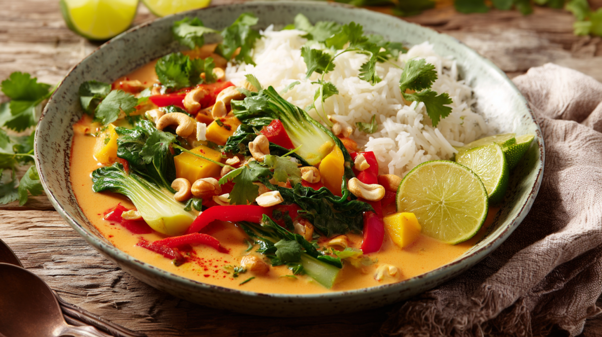 Eine Schale mit Pak Choi Curry, serviert mit Reis.