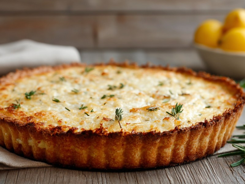 Eine runde Parmesan-Tarte, die auf einem Holztisch steht. Sie liegt halb auf einem Küchenhandtuch, das links neben ihr drapiert ist. Im Hintergrund steht eine Schale mit frischen Zitronen. Rechts neben der Parmesan-Tarte liegt ein Zweig frischer Rosmarin.