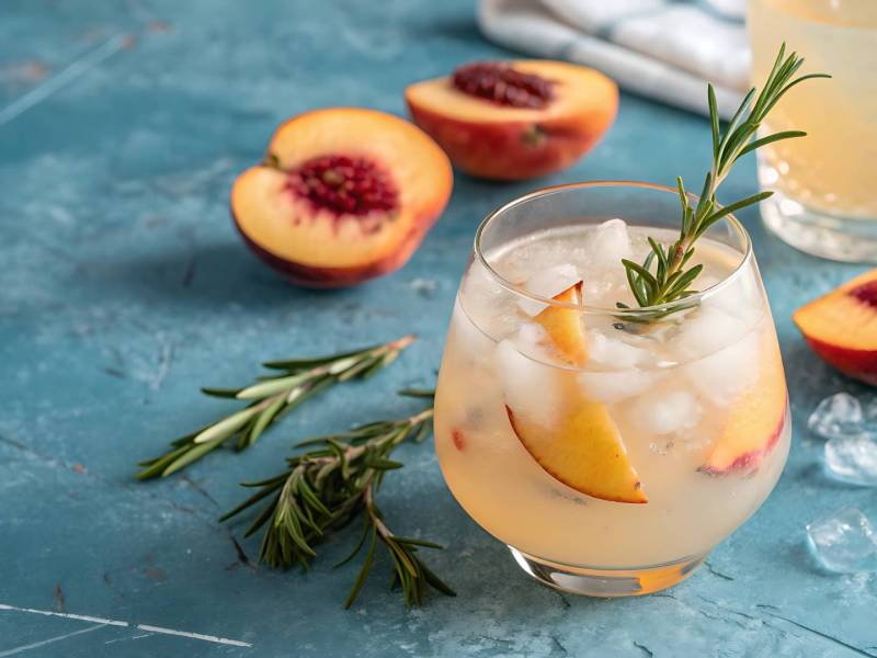 Glas mit Pfirsich-Rosmarin-Fizz auf einem Tisch, Pfirsiche daneben
