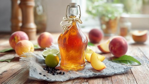 Eine Bügelflasche mit selbst gemachtem Pfirsich-Sirup. Die Flasche steht auf einem ausgebreiteten Stofftuch. Ringsum liegen Pfirsiche verteilt, genauso wie Pfirsichstücke, eine Limette und Pfefferkörner. Im Hintergrund kann man die restliche Küche erkennen.