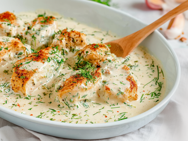 Philadelphia-Hähnchen, serviert in einer Auflaufform.