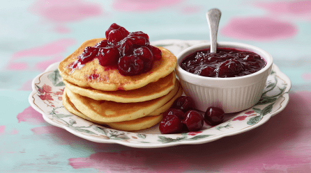 Ein Teller mit einem Stapel Quarkküchlein mit Kirschragout, daneben steht ein Schälchen mit Kirschragout.