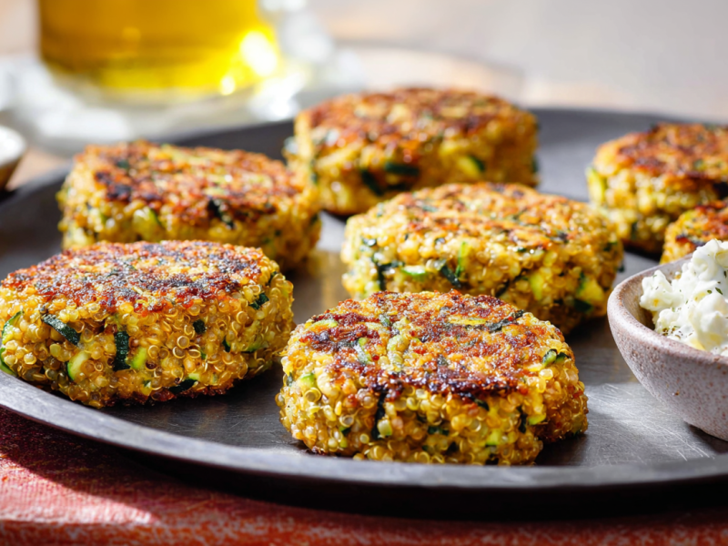 Quinoa-Bratlinge mit Zucchini und Feta, serviert auf einem Teller.
