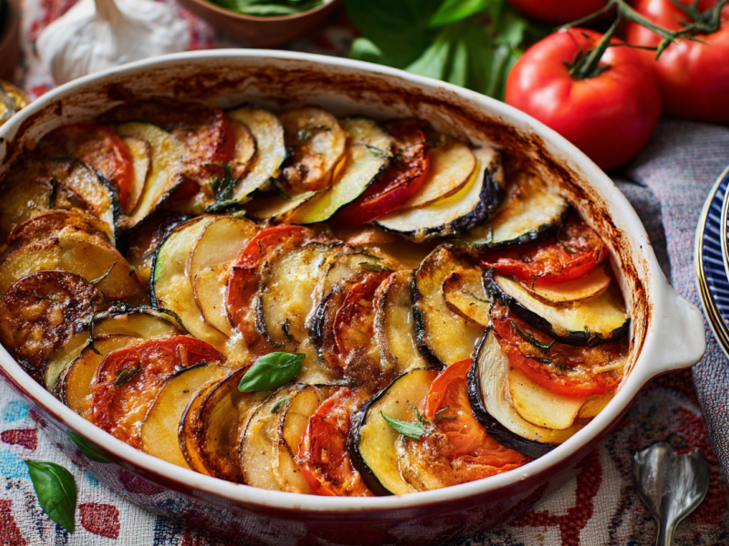 Eine Auflaufform mit Ratatouille-Kartoffel-Auflauf.