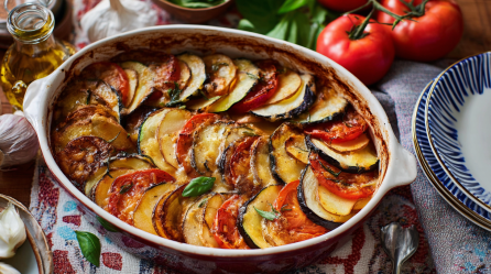 Eine Auflaufform mit Ratatouille-Kartoffel-Auflauf.