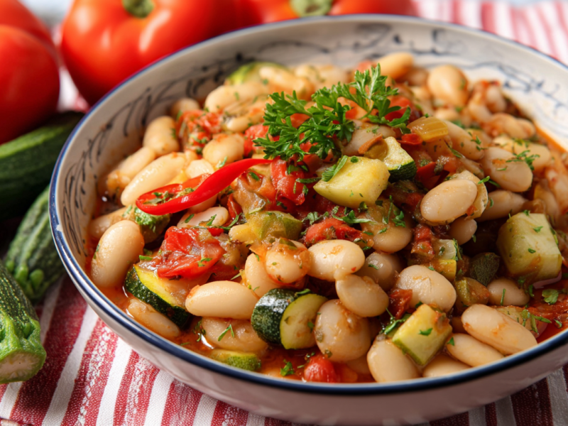 Ein Teller mit Riesenbohnen-Ratatouille. Daneben liegen einige Zucchini und Tomaten als Dekoration.