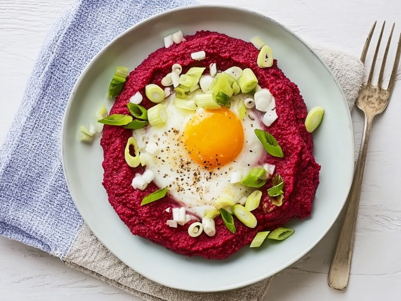 Rote-Bete-Püree mit Spiegelei auf einem Teller in der Draufsicht.