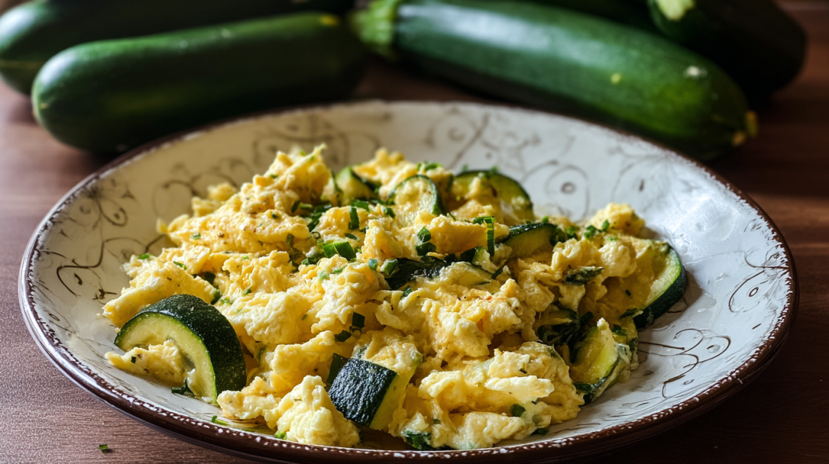 Ein Teller Rührei mit Zucchini und Hüttenkäse.