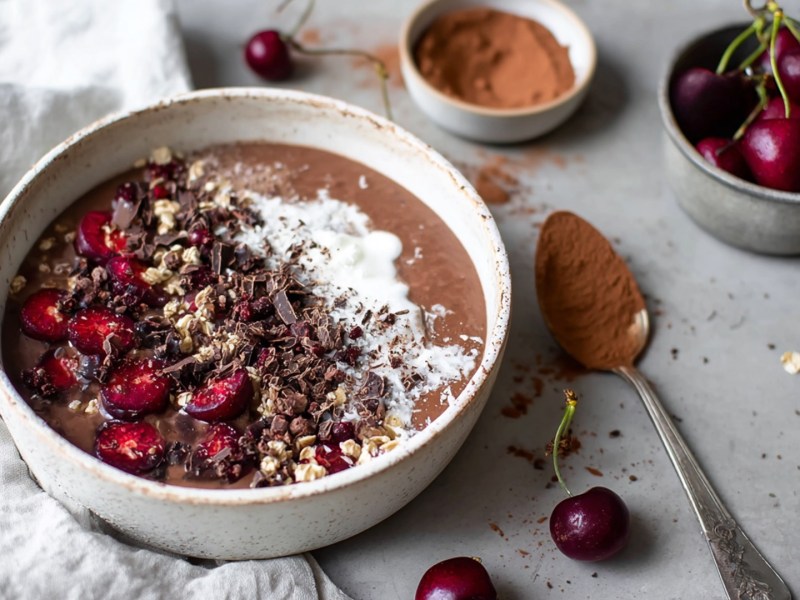 Eine Schwarzwälder Kirsch-Smoothie-Bowl, die mit frischen Kirschen, Granola, geraspelter dunkler Schokolade und Joghurt garniert ist. Neben der Schüssel ist ein helles Küchenhandtuch drapiert. Außerdem sind ein Löffel mit Kakopulver, eine Schale mit Kakao und eine Schale mit Kirschen zu sehen. Frische Kirschen kullern auch herum.