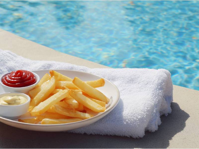 Eine Portion Schwimmbad-Pommes am Pool
