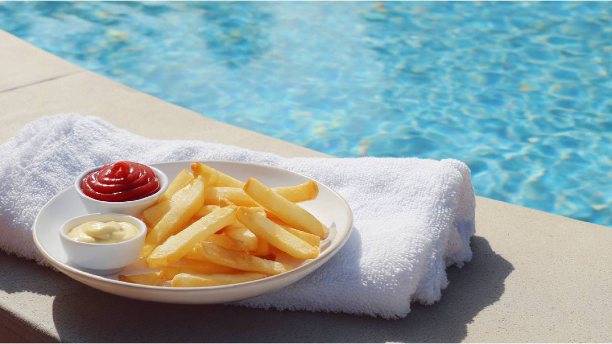 Eine Portion Schwimmbad-Pommes am Pool