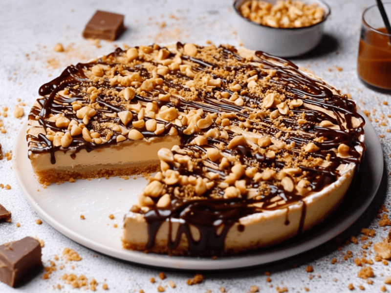 Snickers-Kühlschranktorte, serviert auf einem Teller. Schokostücke und Erdnüsse liegen als Deko außen herum.