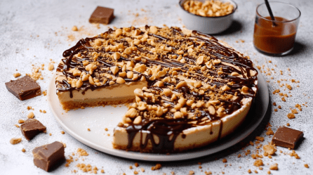 Snickers-Kühlschranktorte, serviert auf einem Teller. Schokostücke und Erdnüsse liegen als Deko außen herum.