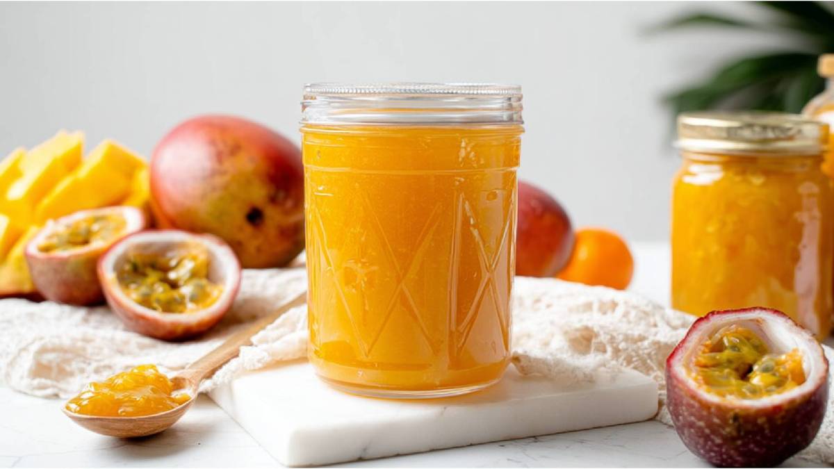 Zwei Gläser Solero-Marmelade auf einem Tisch, Mangos und Maracujas daneben