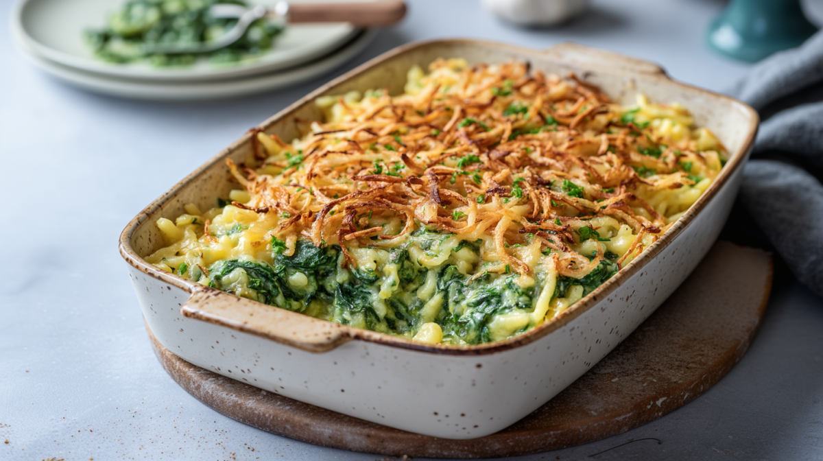Ein Auflaufform mit Spinat-Spätzeauflauf mit Röstzwiebeln auf einer runden Holzunterlage. Im Hintergrund sieht man einen Teller mit etwas Spinat. Rechts neben der Form liegt ein graues Tuch.