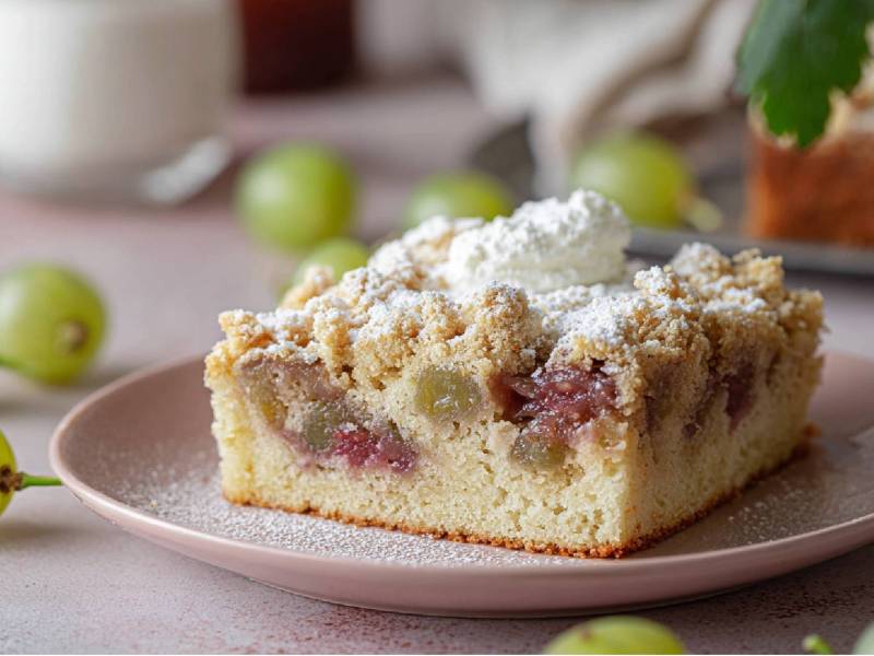 Ein Teller mit einem Stück Stachelbeer-Streuselkuchen vom Blech und einem Klecks Schlagsahne obendrauf