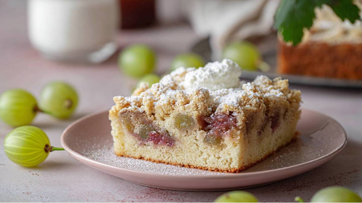 Ein Teller mit einem Stück Stachelbeer-Streuselkuchen vom Blech und einem Klecks Schlagsahne obendrauf
