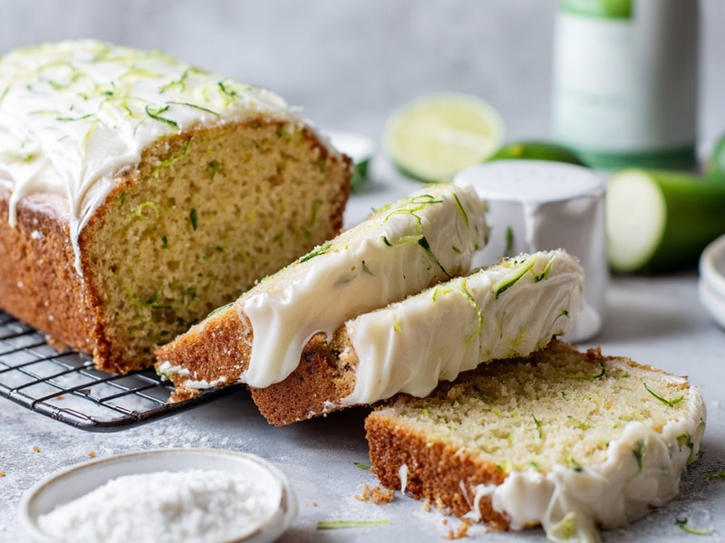 Ein aufgeschnittener süßer Zucchini-Kuchen mit einem weißen Frischkäse-Frosting. Ringsum liegen Zutaten wie frische Limetten, eine Schale mit Puderzucker und eine angeschnittene Zucchini herum sowie weitere Gefäße und ein Teller.