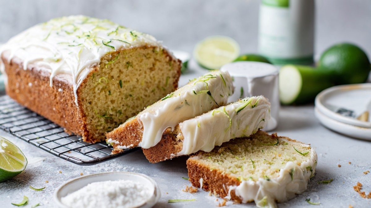 Ein aufgeschnittener süßer Zucchini-Kuchen mit einem weißen Frischkäse-Frosting. Ringsum liegen Zutaten wie frische Limetten, eine Schale mit Puderzucker und eine angeschnittene Zucchini herum sowie weitere Gefäße und ein Teller.
