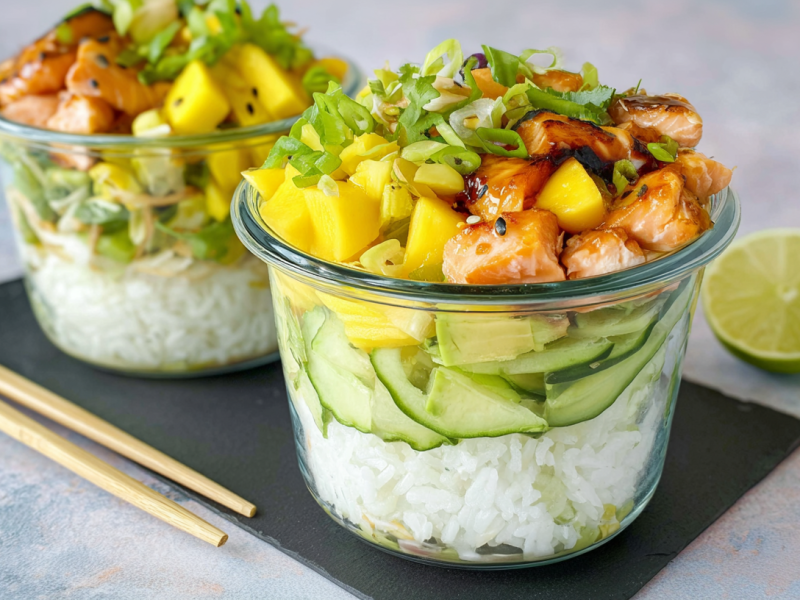 Zwei Schüsseln mit Sushi-Salat, serviert auf einem Brett. Daneben liegen Stäbchen und im Hintergrund eine aufgeschnittene Limette.