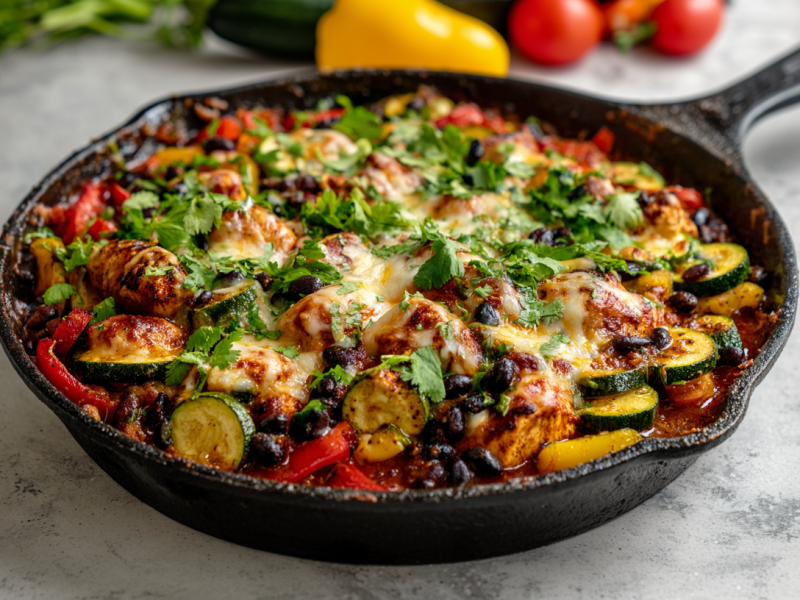 Eine Tex-Mex-Zucchini-Hähnchenpfanne auf einem grauen Untergrund. im Hintergrund sieht man weitere Zutaten, wie Koriander, Zucchini, Paprika und Tomaten.