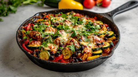 Eine Tex-Mex-Zucchini-Hähnchenpfanne auf einem grauen Untergrund. im Hintergrund sieht man weitere Zutaten, wie Koriander, Zucchini, Paprika und Tomaten.