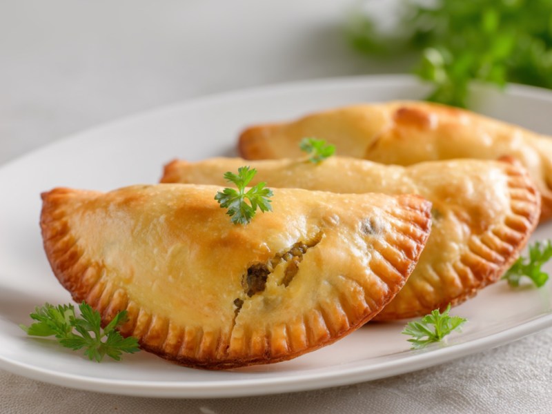 Mehrere Thunfisch-Oliven-Empanadas auf einem Teller.