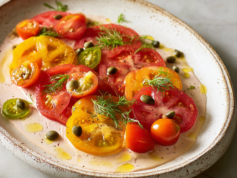 Ein Teller Tomato Tonnato, serviert mit Kapern und Fenchelgrün.