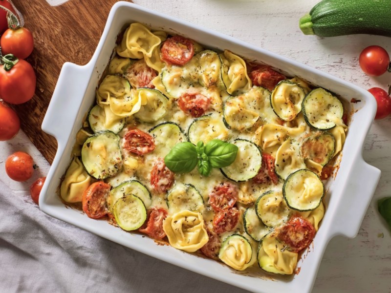 Ein Tortellini-Auflauf mit Zucchini und Tomaten in der Draufsicht.