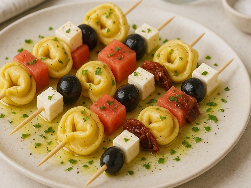 Mehrere mediterrane Tortellini-Spieße auf einem Teller.