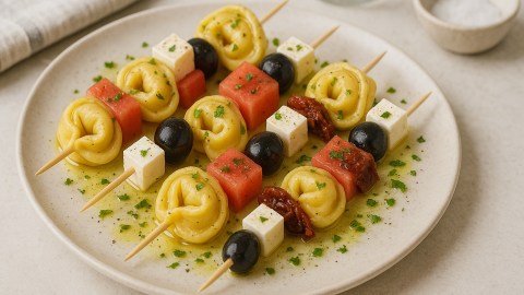 Mehrere mediterrane Tortellini-Spieße auf einem Teller.