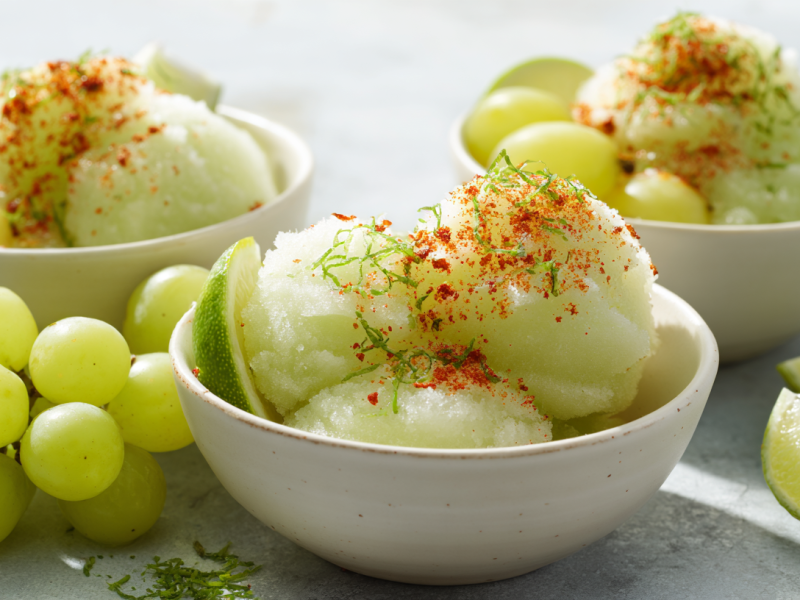 Drei Schalen Traubensorbet auf grauem Untergrund.c Sie sind mit Weintrauben und Limettenspalten angerichtet. Links liegen noch einige frische Trauben zwischen den Schalen.