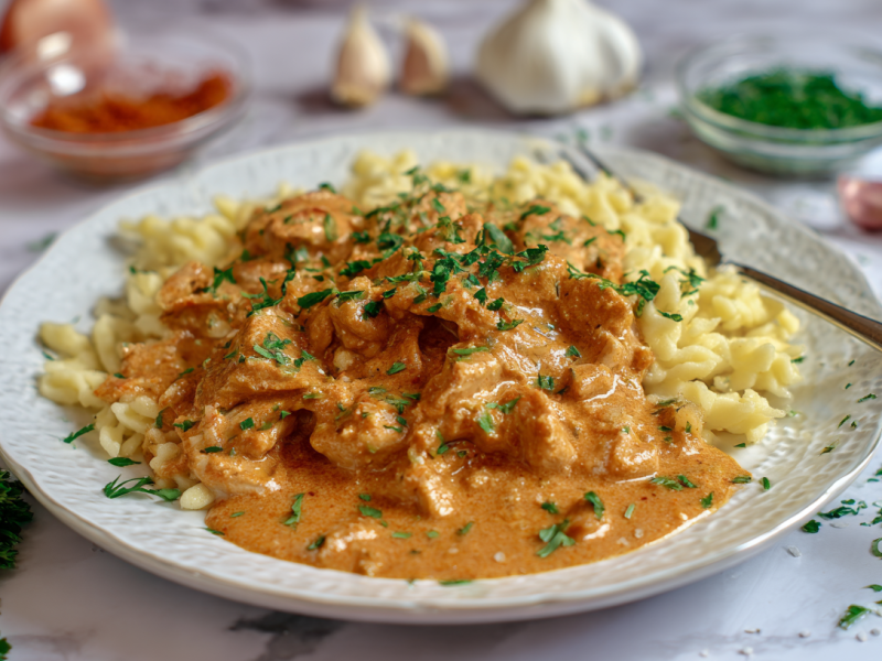 Ein Teller mit ungarischem Paprikahuhn auf einem weißen Untergrund. Um das Gericht herum verteilt liegen einige Zutaten, wie Petersilie, Paprikapulver, Knoblauch und Zwiebeln.