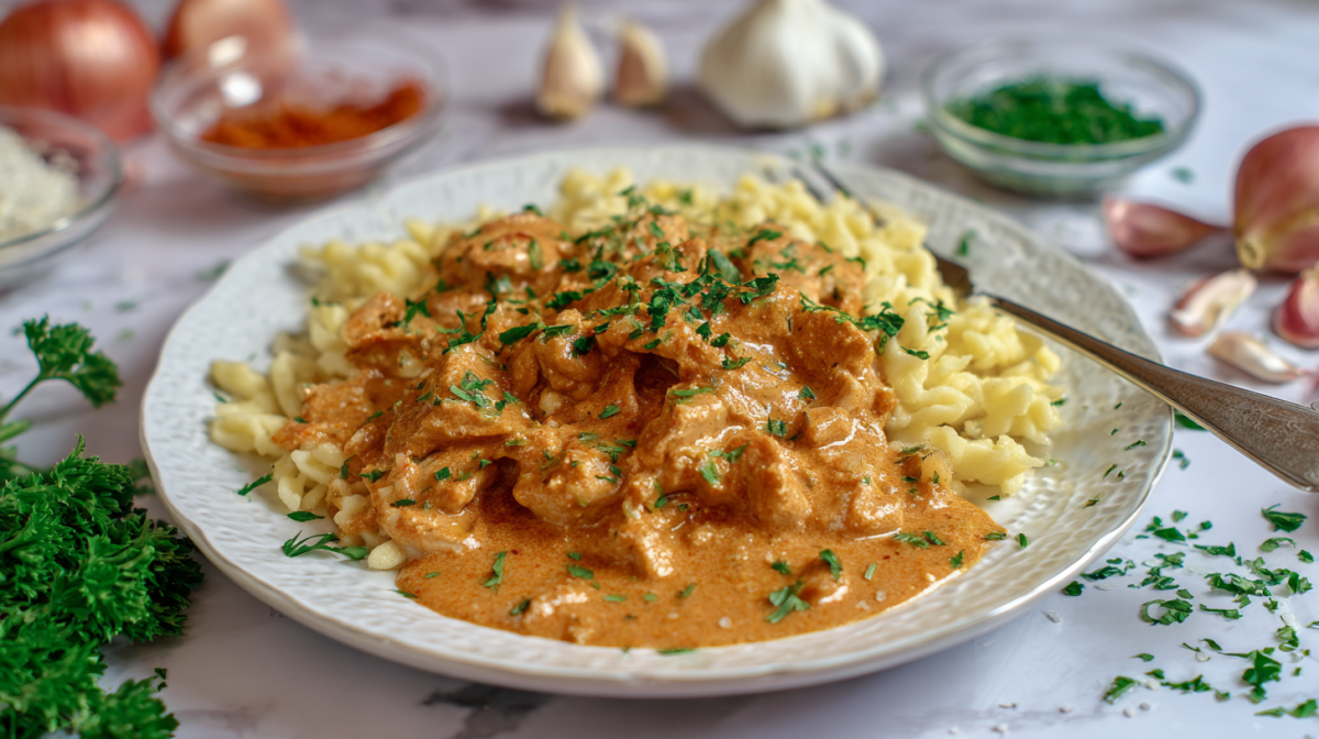 Ein Teller mit ungarischem Paprikahuhn auf einem weißen Untergrund. Um das Gericht herum verteilt liegen einige Zutaten, wie Petersilie, Paprikapulver, Knoblauch und Zwiebeln.