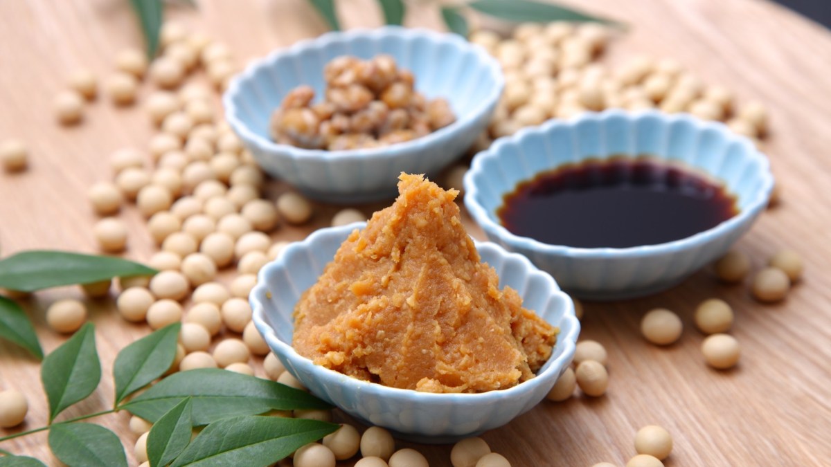 Was ist Miso? Mehrere Schüsseln mit MIso, Sojasoße und Sojabohnen auf einem Holzuntergrund.
