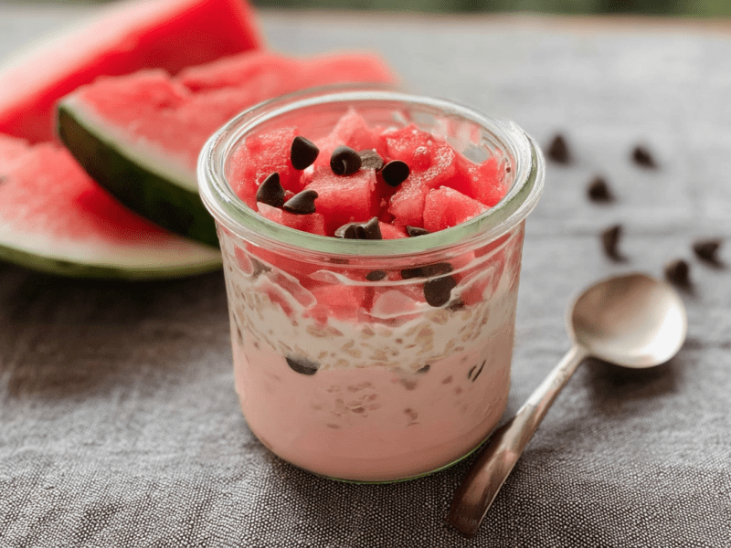 Ein Glas Wassermelonen-Overnight-Oats, daneben liegen Wassermelonenstücke nud Schokodrops.