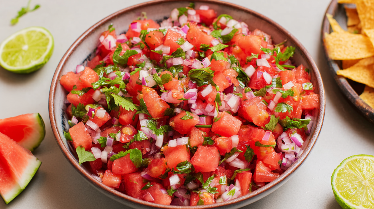 Eine Schale mit Wassermelonen-Salsa.