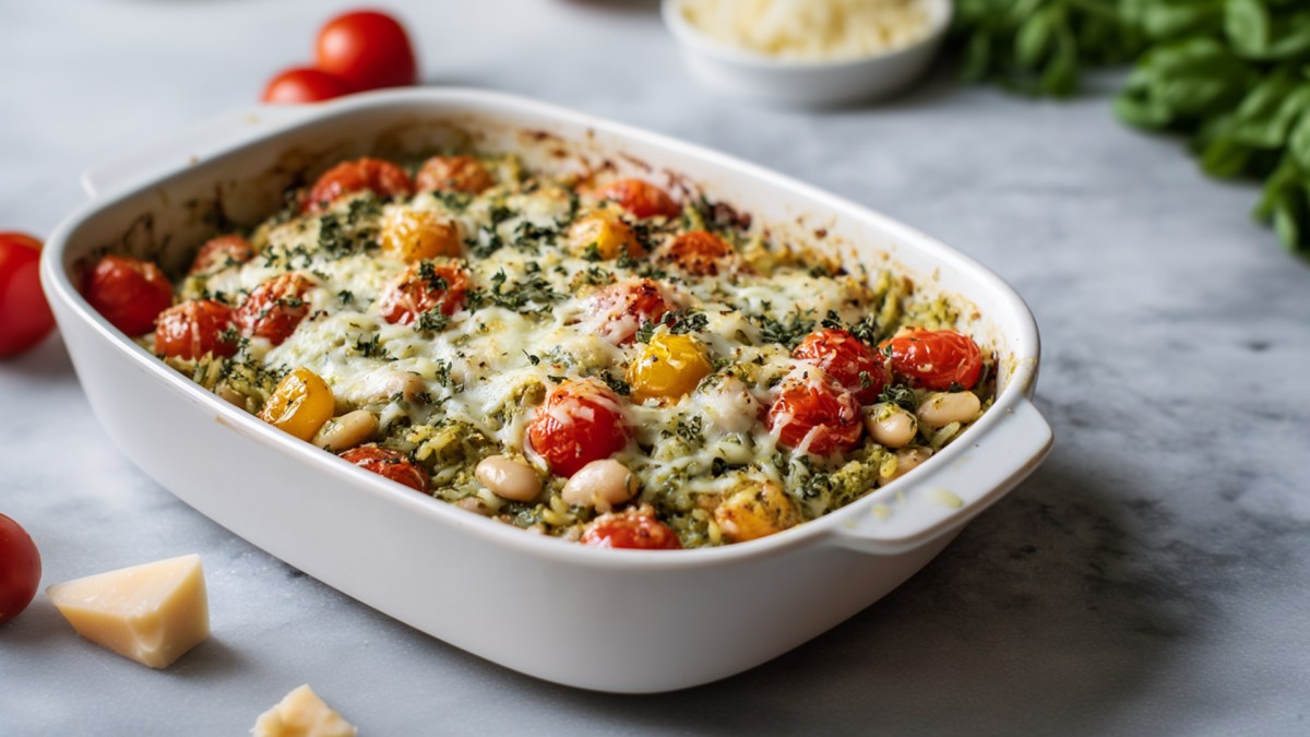 Ein Weiße-Bohnen-Reis-Auflauf in einer eckigen Auflaufform. Ringsum liegen ein paar kleine Tomaten, Käsestücke, eine Schale mit geriebenem Käse sowie frisches Basilikum im Hintergrund.