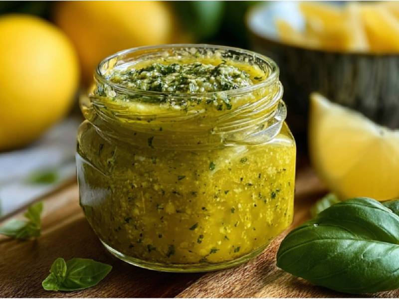 Ein Glas mit Zitronen-Pesto auf einem Tisch, Zitronen uns Basilikumblätter daneben