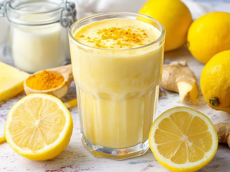 Ein Glas Zitronen-Smoothie. Ringsum liegen ganz und aufgeschnittene Zitronen, eine Kurkumawurzel sowie ein Löffel mit Kurkumapulver und ein Glasgefäß mit Milch darin.
