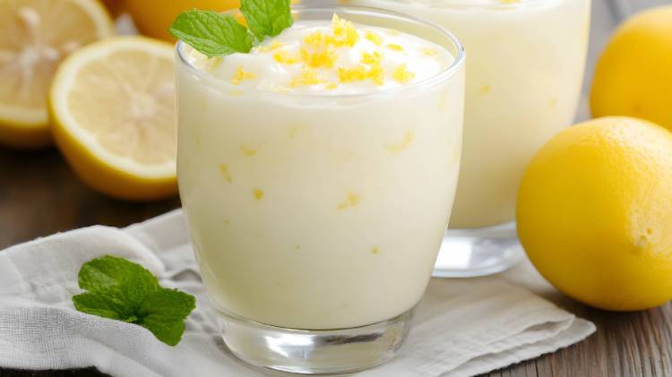 Zwei Gläser Zitronenquark auf einem Tisch, Zitronen daneben