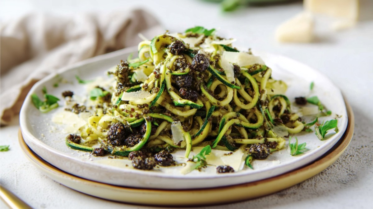 Ein Teller Zoodles mit Olivenpesto.