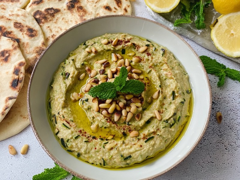 Eine Schale mit Zucchini Baba Ganoush, das mit gerösteten Pinienkernen, etwas Olivenöl und frischer Minze garniert ist. Ringsum liegt Fladenbrot, frische Minze und Zitronen verteilt.