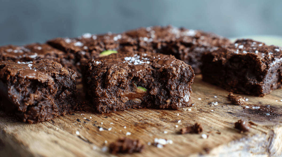 Mehrere Zucchini Brownies liegen auf einem Holzbrett. Sie sind angeschnitten und geben den Blick auf das Innere frei.