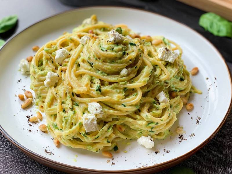 Teller mit Nudeln in Zucchini-Feta-Soße