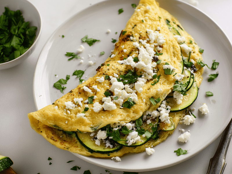 Zucchini-Feta-Omelett, garniert mit Feta und Kräutern, auf einem Teller.