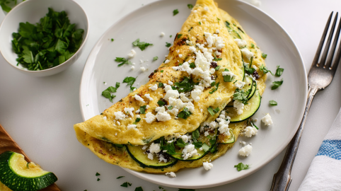 Zucchini-Feta-Omelett, garniert mit Feta und Kräutern, auf einem Teller.