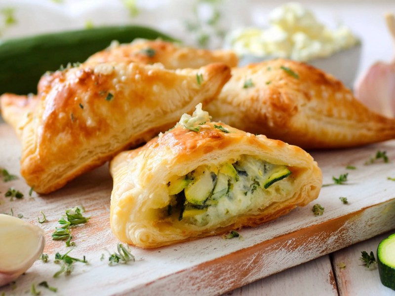 Ein weißes Holzbrett, auf dem einige Zucchini-Frischkäse-Blätterteigtaschen platziert sind. Eine davon ist in der Mitte angeschnitten, sodass man die Füllung erkennen kann. Ringsum liegen eine Zucchini, Zucchinischeiben, eine Knoblauchknolle und -zehe sowie frische gehackte Kräuter. Im Hintergrund kann man eine Schale mit Frischkäse erkennen.