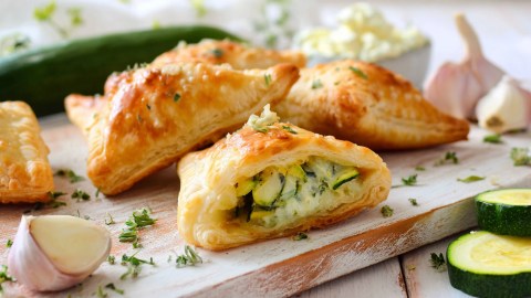 Ein weißes Holzbrett, auf dem einige Zucchini-Frischkäse-Blätterteigtaschen platziert sind. Eine davon ist in der Mitte angeschnitten, sodass man die Füllung erkennen kann. Ringsum liegen eine Zucchini, Zucchinischeiben, eine Knoblauchknolle und -zehe sowie frische gehackte Kräuter. Im Hintergrund kann man eine Schale mit Frischkäse erkennen.